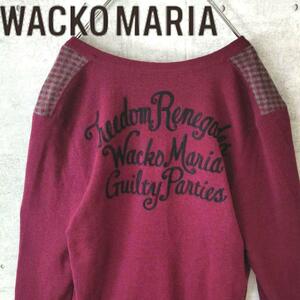 ワコマリア WACKO MARIA カーディガン バック刺繍 ワイン ボルドー ニット セーター L 日本製　6098