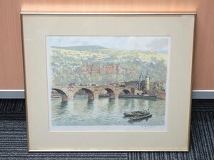 K11113【画家 Hans Figura ハンス・フィグラ】「Heidelburg」color etching on silk 額装 ドイツ ハイデルベルク 風景画 アート