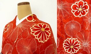 KIRUKIRU アンティーク 着物 正絹 身丈155.5cm オレンジに梅柄 和花 大柄 レトロ 大正ロマン リメイク 和裁 素材 材料