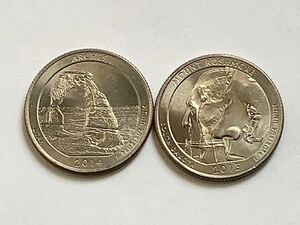 【希少品セール】アメリカ beautiful America クォーター 25セント硬貨 2013年 MOUNT RUSHMORE 2014年 ARCHES Pミント 各1枚ずつ