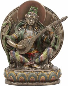 蓮の玉座像に座ってヴィーナを演奏するヒンズー教の女神サラスワティー高さ 約15cm音楽の詩と知識の守護者彫刻 輸入品