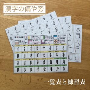 漢字の偏や旁一覧表と練習表セット