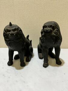 狛犬　獅子 木彫　一対　在名　「 東山 ? 」木彫仏教 日本美術 アンティーク 縁起 置物 