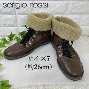 1スタ セルジオロッシ sergio rossi ショートブーツ ムートン レザー 本革 ブラウン系 サイズ7 約26cm メンズ ブーツ 靴
