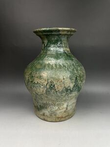 鹿) 中国古陶 漢代 緑釉条帯入 大壺 大罐 鉛釉陶器 発掘出土品 中国古玩 緑釉漢 飾壺 花瓶 本時代 唐物 緑 フラワーベース 茶器 花器