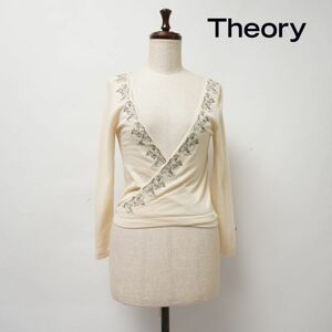 美品 Theory セオリー デザインビーズ刺繍 カシミヤ100% ラップデザイン 長袖カーディガン トップス レディース アイボリー サイズ2*IC221