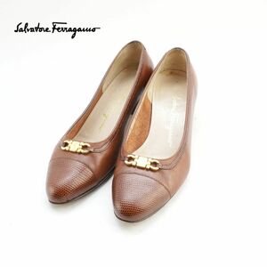 Salvatore Ferragamo サルヴァトーレフェラガモ 5 1/2 23.0 パンプス イタリア製 ヒール 素材切替 レザー 茶色 ブラウン/IC25