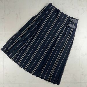 美品 BURBERRY BLUE LABEL バーバリーブルーレーベル 大きいサイズ ストライププリーツラップスカート ミモレ丈 黒系 サイズ15*IC899