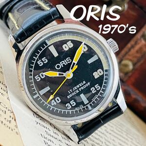 【1円スタート】■美品！カッコイイ■大人気/オリス/ORIS/手巻きメンズ腕時計/1970’sビンテージ/アンティークウォッチ/35㎜/黒/ブラック