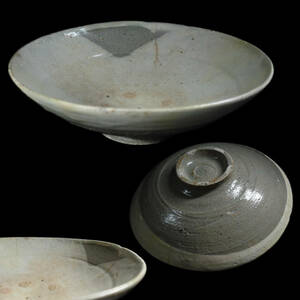 。◆雅◆ 李朝時代 朝鮮美術 刷毛目平茶碗 高麗 高さ5cm 幅17.2cm / HK.23.9 [A39]HN