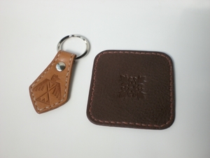  stamp entering * real leather made key ring & Coaster,2 point set! hand made 