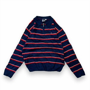 トミーヒルフィガー ニット セーター ボーダー TOMMY HILFIGER 古着 メンズ XL USA製 ハーフジップポロニット マルチカラー