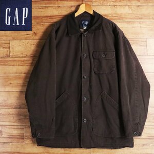 J13J/R6.8-3　90s　OLD GAP　オールド ギャップ　カバーオール　ワークジャケット　中綿　裏チェック　襟レザー　メンズ　L　アメリカ古着