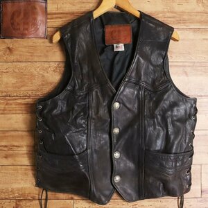 C9S/s5.10-1　USA製　KERR LEATHERS　本革　レザーベスト　サイド編み上げ　5セントコンチョ　革ベスト　皮ベスト　バイカー　L　ブラウン