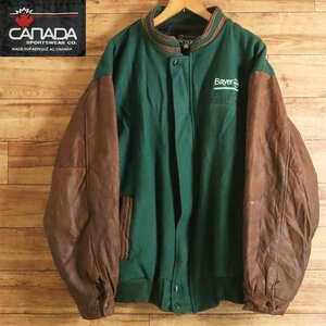 &6J/Y5.2-1　カナダ製　CANADA SPORTSWEAR CO.　ウール スタジャン　バーシティジャケット　袖レザー　企業刺繍　メンズ　XXL　カナダ古着