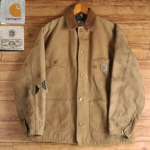 J4J/R5.4-1　80s~ ヴィンテージ　アメリカ製 Carhartt カーハート　ダック地 ミシガンチョアコート　ワークジャケット　裏ブランケット　46