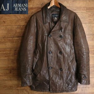 F12T/Y11.16-2　イタリア製　ARMANI JEANS　アルマーニジーンズ　レザージャケット　本革　レザーカーコート　ピーコート　ユーロ古着