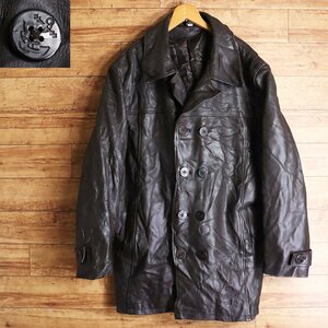 ?7S/s6.23-2　GENUINE LEATHER　レザーピーコート　ダブル　本革　レザージャケット　ライダース　6XL　ビッグサイズ　ヴィンテージ