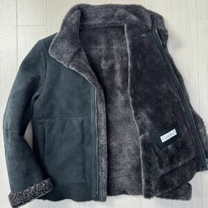 美品/36 M相当★カルバンクライン/Calvin Klein 毛皮 リアルムートン 羊革 ラムレザー ジャケット ライダース 裏ボア起毛 メンズ 黒