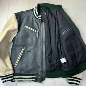 希少サイズ/3XL★リューグーレザー/Liugoo Leathers ツートン バイカラー 牛革 レザースタジャン ジャケット ブルゾン リブニット 中綿 緑