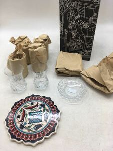 【1円スタート】トルコ食器 コップ 皿 鍋敷 ガラス 陶器 未使用 保管品 総柄 シンプル ６客 茶器 コレクション 収集 DM1128L