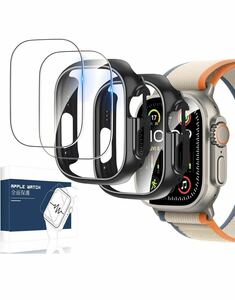 Apple Watch Ultra 2/Apple Watch Ultra 49mm 專用 ケース ブラック (2枚) + ガラスフィルム (2枚) 対応 AGC旭硝子素材製 高透過率