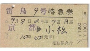 T030.『雷鳥9号』京都⇒小松　56.8.19　奈良線　棚倉駅発行
