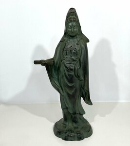 慈母観音菩薩 古美術品 鉄製 刻印あり 仏像 鋳物 高さ53cm 観音立像 美術品 金属製 工芸品 置物 飾り 青銅風【道楽札幌】