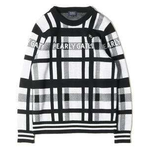 PEARLY GATES Pearly Gates knitted Logo check knitted sweater pull over white black 4 tops made in Japan long sleeve [ men's ]