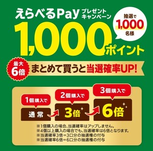 懸賞応募★6倍！えらべるPay1000ポイントが1000名様に当たる！キャンペーン！Ｗチャンスあり！応募レシート6口分