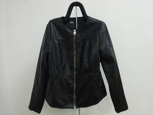 ●○(☆す-P1-2) ZARA フェイクレザージャケット　ノーカラージャケット　レディース　Lサイズ　ブラック　ベーシック　中古○●