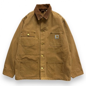 80s VINTAGE ヴィンテージ Carhartt カーハート ダック地 チョア コート 襟コーデュロイ ワーク カバーオール ジャケット S M相当 キャメルの画像1