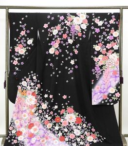 20％OFFクーポン 振袖 新品仕立済 正絹 四季花模様 身丈171.5cm 裄丈68cm 振袖 新品 仕立て上がり 着物 成人式 結婚式 e1029