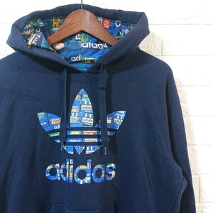 【良品】adidas originals アディダス オリジナルス デザインロゴ トレフォイル スウェット パーカー Oサイズ ネイビー trefoil hoodie