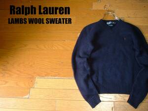 高級POLO by RALPH LAURENワンポイントラムウールセーターM濃紺ネイビー正規ポロバイラルフローレン90sビンテージVネック