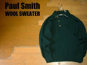 高級Paul Smithモスグリーンウールセーター美品L正規ポールスミスLONDONフィッシャーマンズ2WAY襟パターン深緑オリーブ定価20,000円