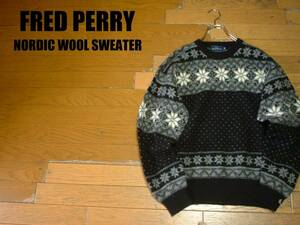 FRED PERRYノルディックウールセーター美品L正規FPV192フレッドペリー雪柄モノトーン黒ブラック刺繍ワンポイントネイティブ定価22,000円