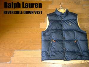 高級POLO by RALPH LAURENリバーシブル2WAYダウンベストLネイビーxイエロー正規ラルフローレン紺x黄DOWN VEST羽毛ジレジャケットOUTDOOR