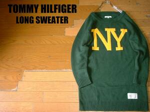 TOMMY HILFIGERロングシルエットセーターWOMENグリーンM正規トミーヒルフィガーNYアルファベット編み込みワンピースニューヨーク