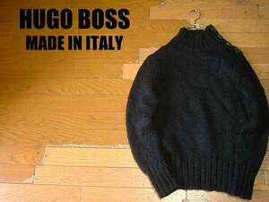 高級イタリア製HUGO BOSSブラックウールセーター50ハイネックボタンアップ正規ヒューゴボスMADE IN ITALYタートルモックネック黒