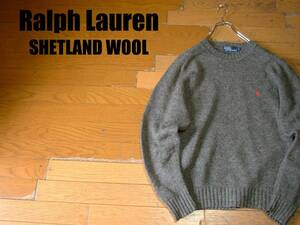 高級POLO by RALPH LAURENワンポイントシェットランドウールセーターM杢グレー正規ポロバイラルフローレン90sビンテージクルーネック