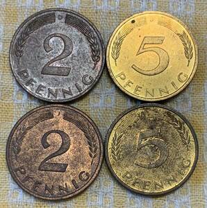 ● 【中古】ドイツ連邦共和国 2、5ペニヒ　計4枚　1969〜1995年　硬貨　コイン、ユーロ発行前