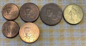 ● 【中古】ユーロセント　フランス発行　1、2、5、10ユーロセント　計6枚2001〜2014年　硬貨　コイン