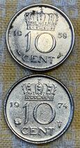 ● 【中古】オランダ王国 Nederlanden 　10セント　ニッケル貨　硬貨2枚　コイン、古銭（1958年）含む、ユーロ発行前、ユリアナ女王時代_画像1
