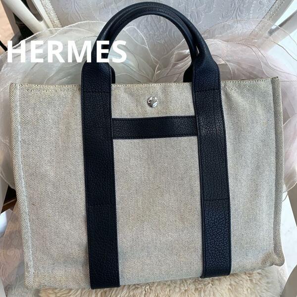 HERMES サックアーネ MM トートバッグ グレーxブラック