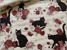 mets★5m*綿麻キャンバス*黒猫ローズ薔薇*五線譜*linen red*70A_画像1