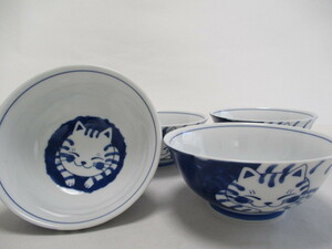 ねこ　小丼　16ｃｍ　4個　丼　小鉢　染付 最終出品