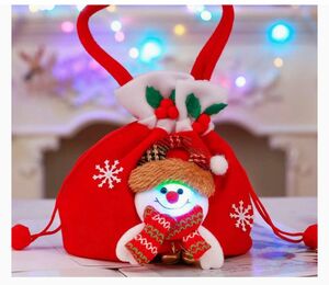 クリスマスバッグ　クリスマスラッピング 巾着袋 収納袋 スノーマン　キラキラ　LEDライト付き