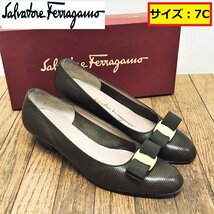 フェラガモ/パンプス/ローヒール/ヴァラリボン/ダークカラー/レディース/FERRAGAMO/箱付き/サイズ7C（24cm相当?）/レザー/靴_画像1