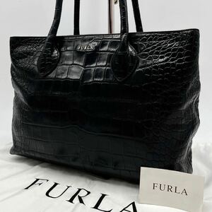 1円【美品】フルラ FURLA クロコ 型押し トートバッグ ビジネスバッグ ハンド ブリーフケース ブラック メンズ A4 肩掛け 大容量 レザー 革